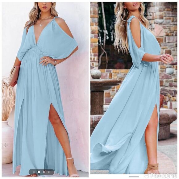 NWT DEEP SELF V Neck Off Shoulder Short Sleeve High Waist Split Wedding Maxi - Picture 1 of 13